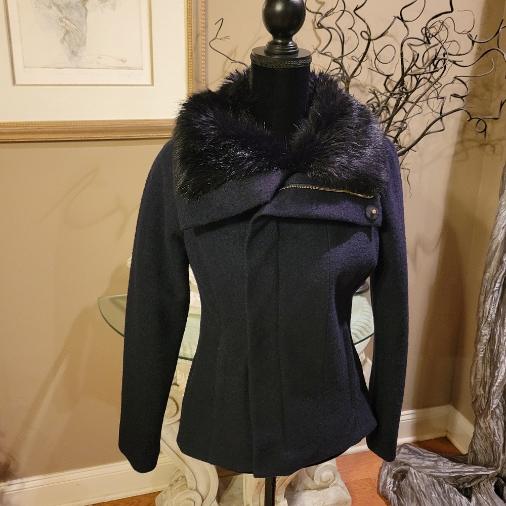 Bebe Wool Blend Jacket With Faux Fur Collar Designer Winter Peacoat Warm